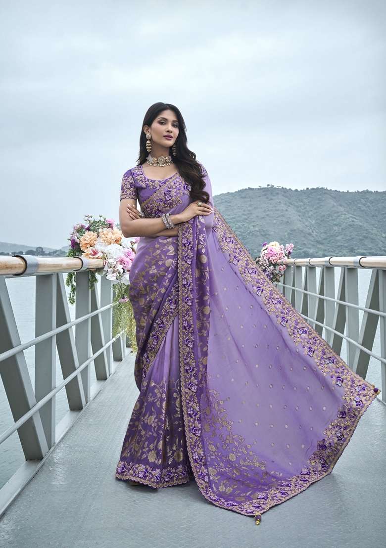 Purple Embroidered Woven Saree Set - Indya