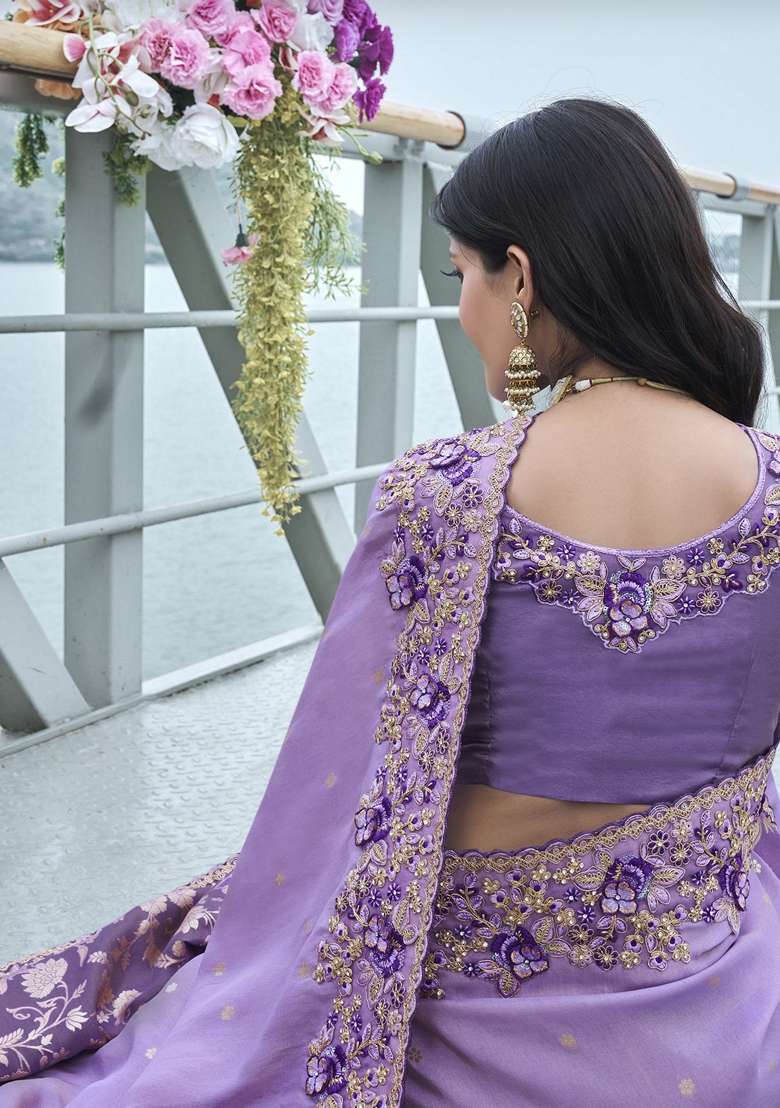 Purple Embroidered Woven Saree Set - Indya