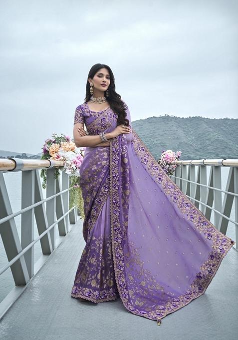 Purple Embroidered Woven Saree Set