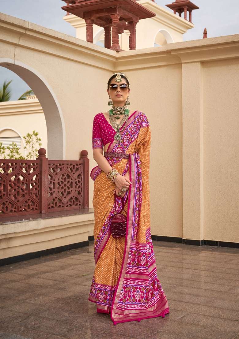 Orange Woven Saree Set with Printed for Diwali | Wedding & Festive Wear - Indya