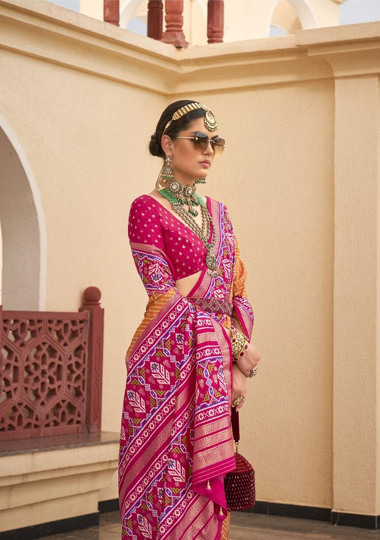 Orange Printed Woven Saree Set