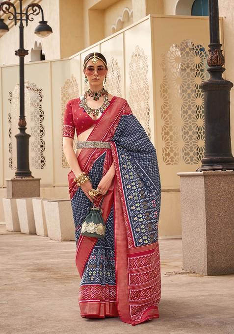 Blue Printed Woven Saree Set