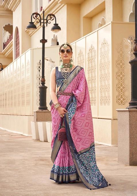 Pink Printed Woven Saree Set