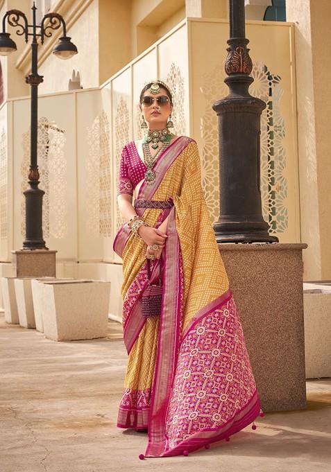 Yellow Printed Woven Saree Set