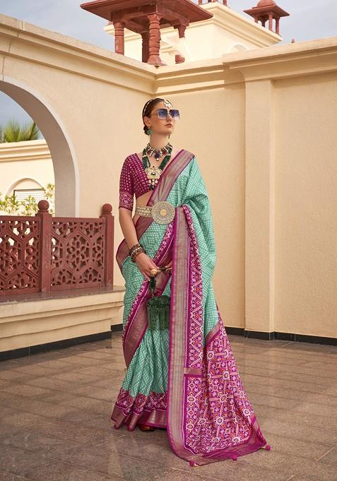 Sea Green Printed Woven Saree Set