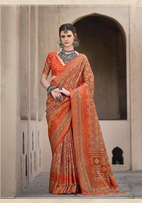 Orange Printed Woven Saree Set