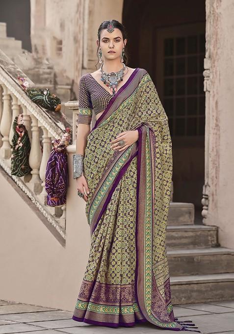 Purple Printed Woven Saree Set