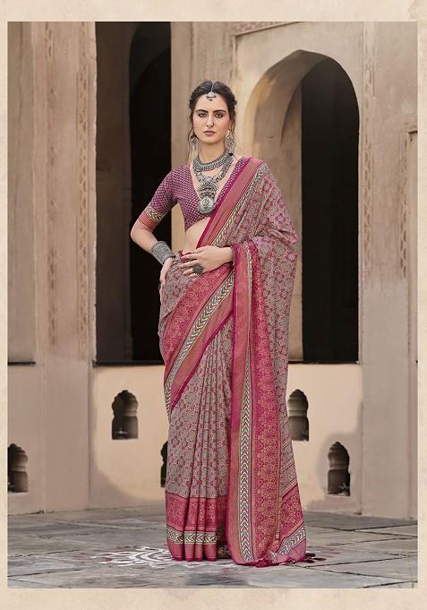 Pink Printed Woven Saree Set