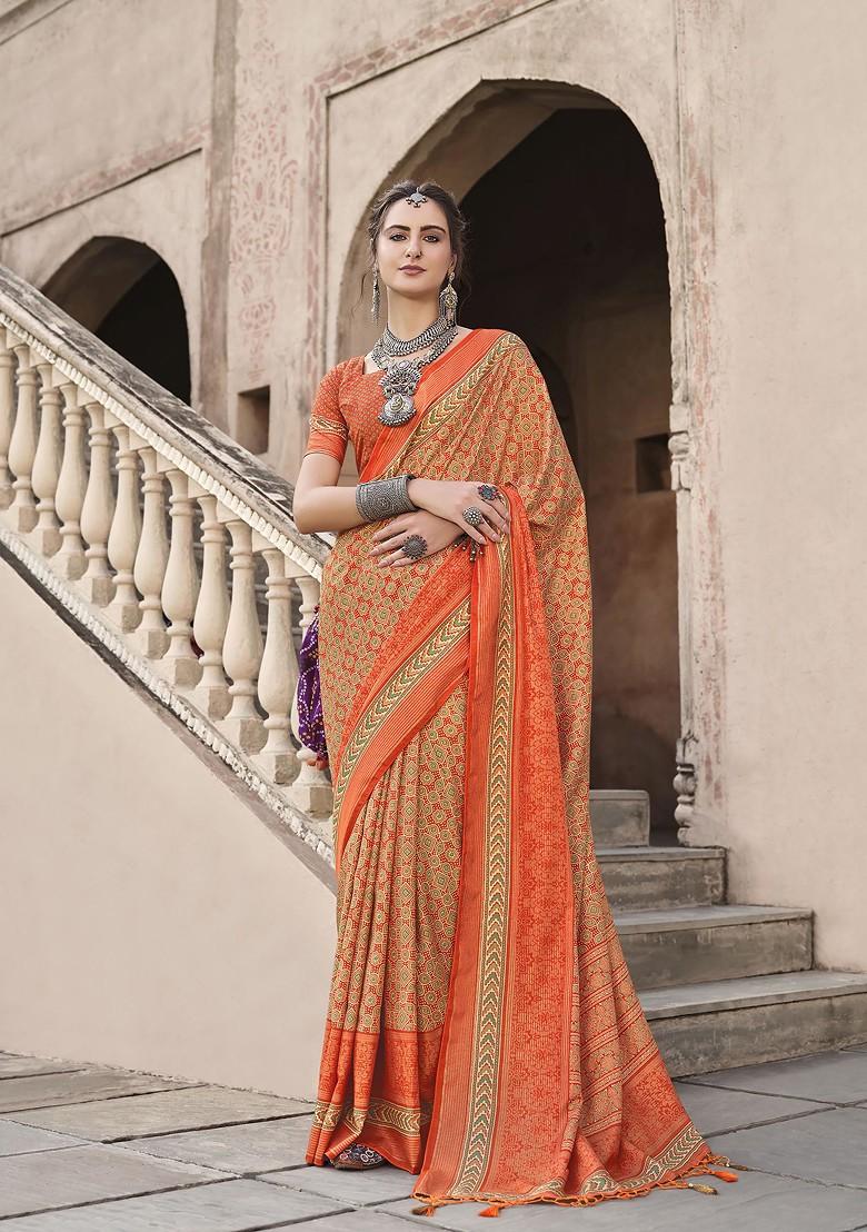 Orange Printed Woven Saree Set