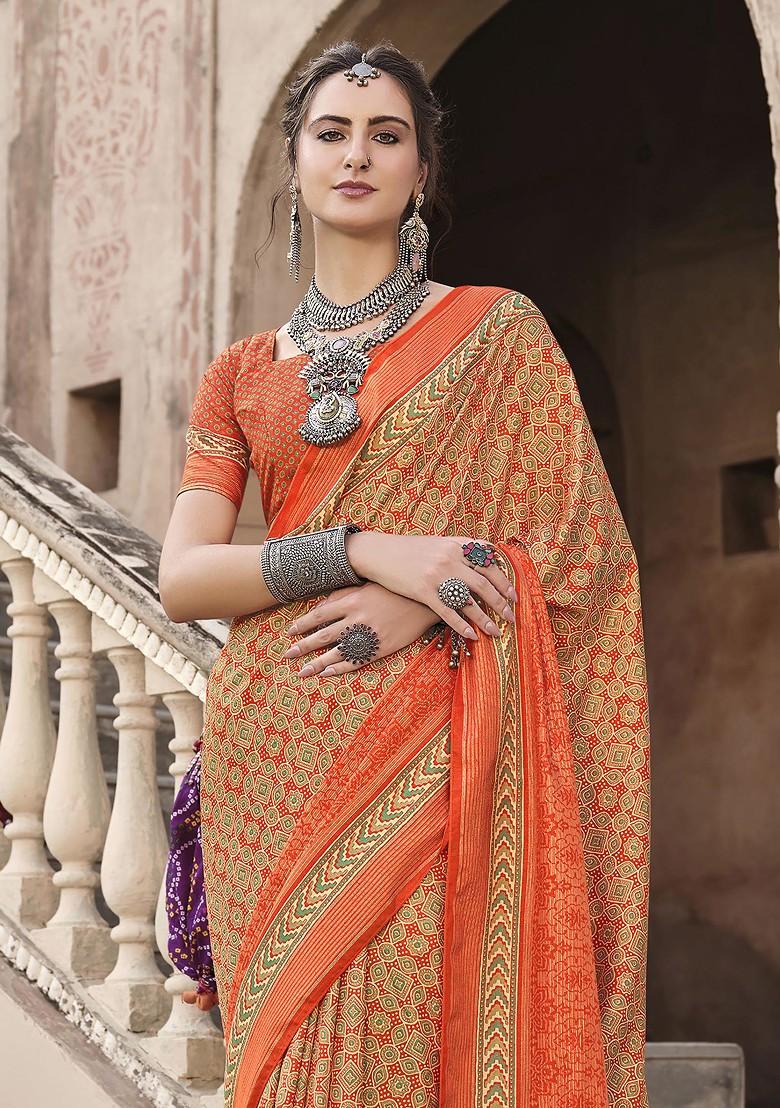 Orange Printed Woven Saree Set