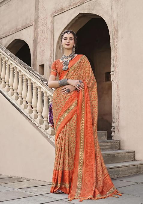 Orange Printed Woven Saree Set