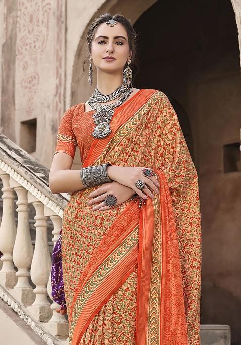Orange Printed Woven Saree Set