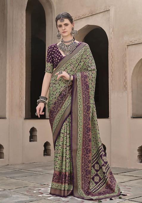 Green Printed Woven Saree Set