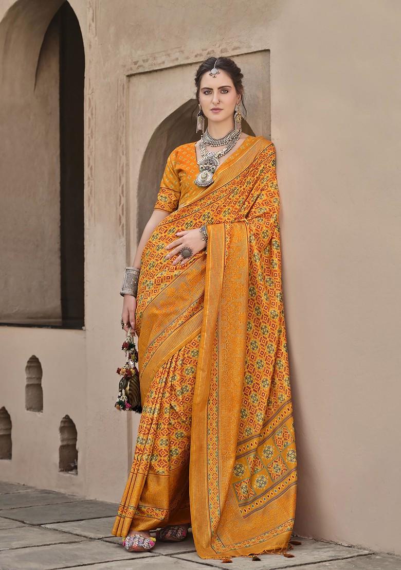 Yellow Printed Woven Saree Set