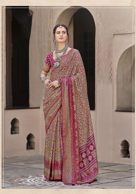 Pink Printed Woven Saree Set