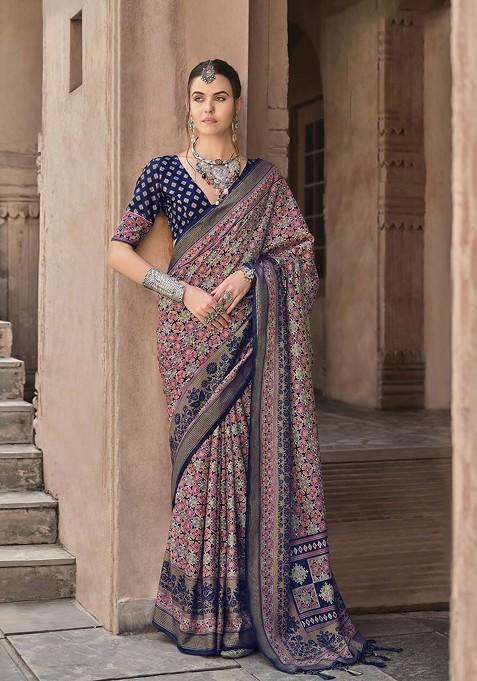 Blue Printed Woven Saree Set