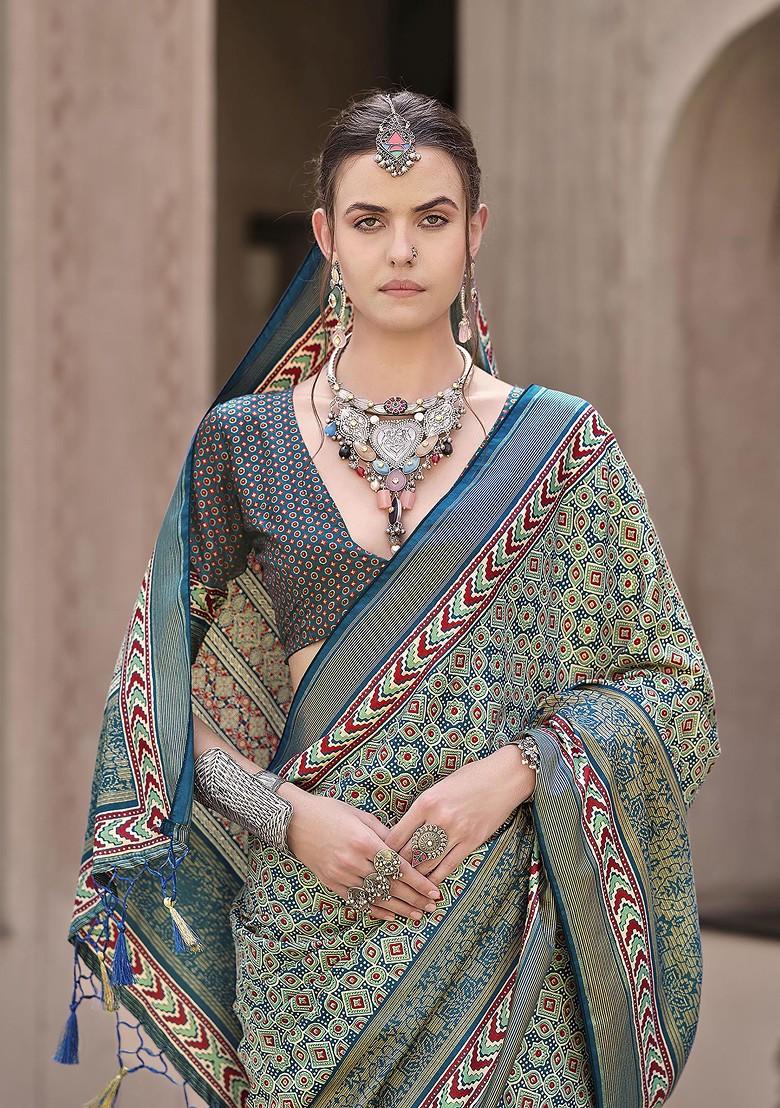 Teal Printed Woven Saree Set