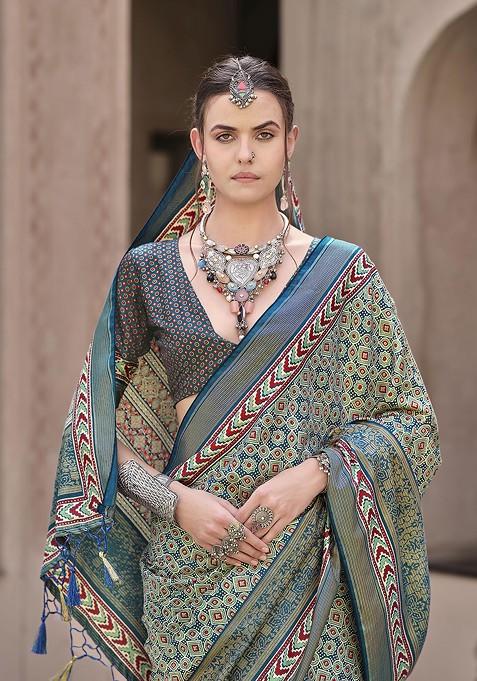 Teal Printed Woven Saree Set