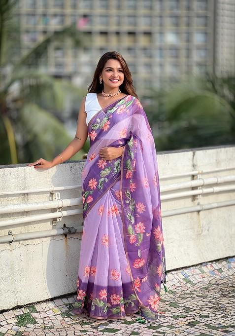 Purple Printed Woven Saree Set