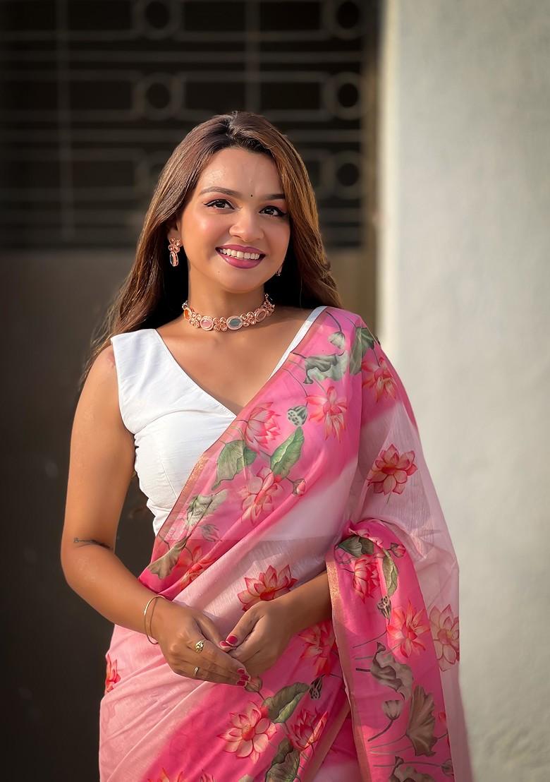 Pink Printed Woven Saree Set