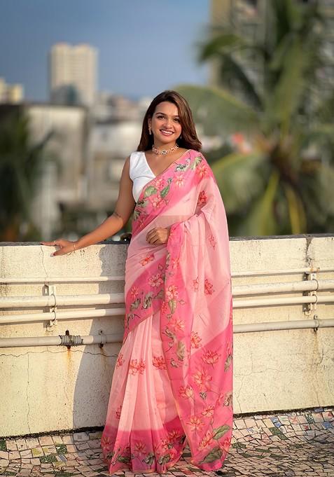 Pink Printed Woven Saree Set