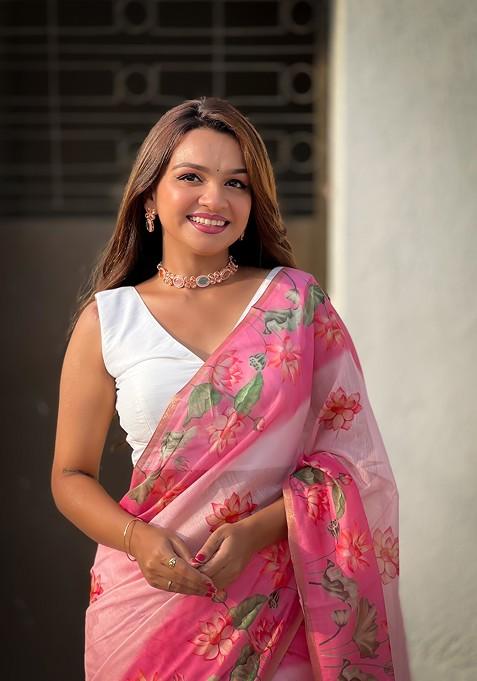 Pink Printed Woven Saree Set
