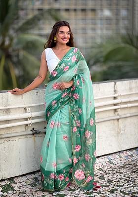 Sea Green Printed Woven Saree Set