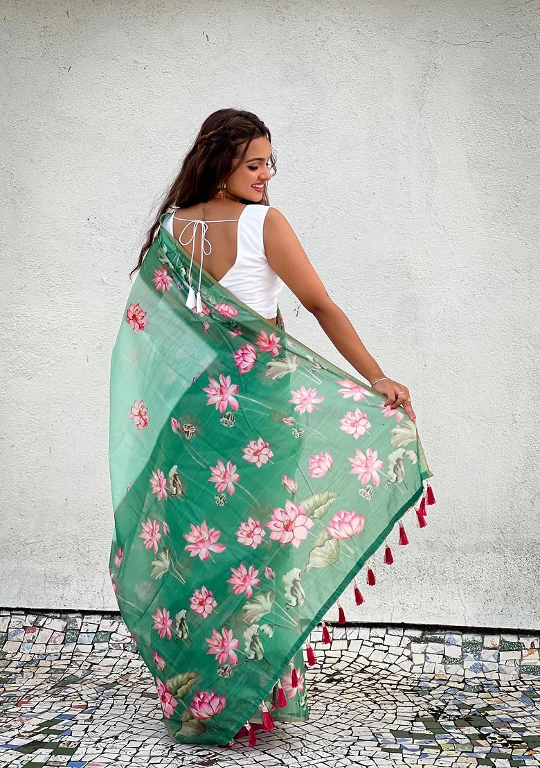 Sea Green Printed Woven Saree Set