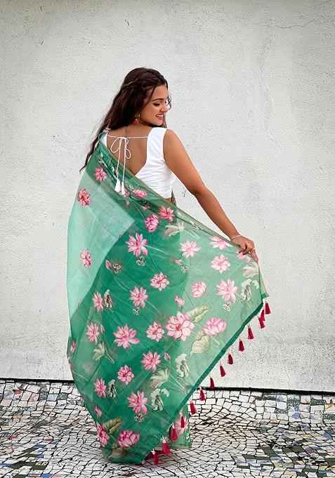 Sea Green Printed Woven Saree Set