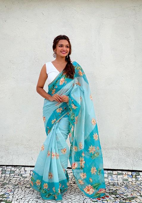 Blue Printed Woven Saree Set