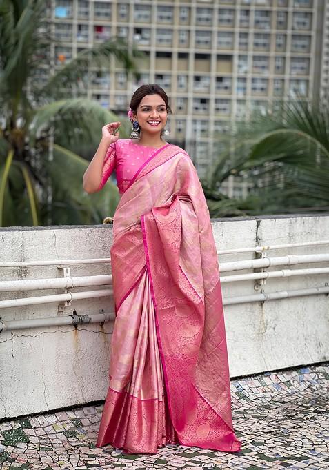 Pink Zari Work Woven Saree Set