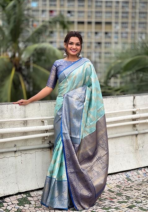 Sky Blue Zari Work Woven Saree Set