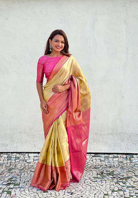 Mustard Zari Work Woven Saree Set