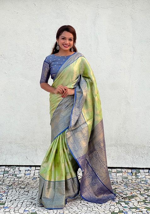 Green Zari Work Woven Saree Set