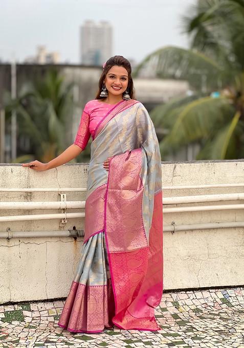 Grey Zari Work Woven Saree Set