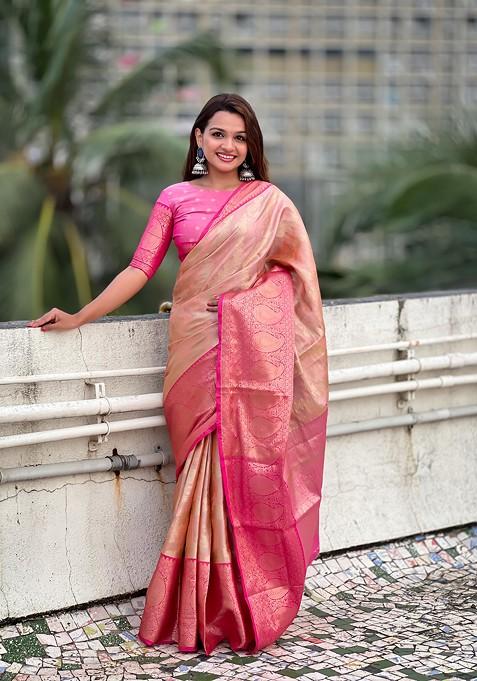 Peach Zari Work Woven Saree Set