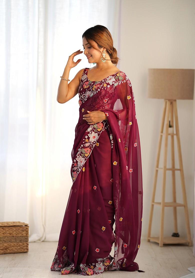 Maroon Sequin Embroidered Woven Saree Set