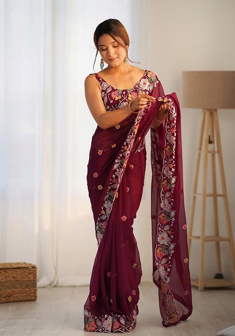 Maroon Sequin Embroidered Woven Saree Set