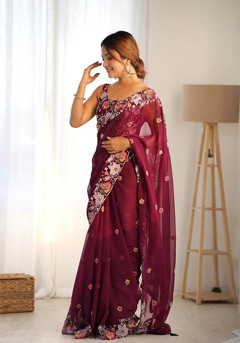 Maroon Sequin Embroidered Woven Saree Set