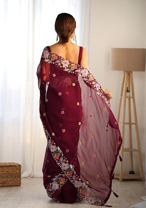 Maroon Sequin Embroidered Woven Saree Set