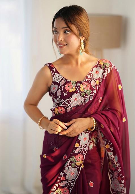 Maroon Sequin Embroidered Woven Saree Set