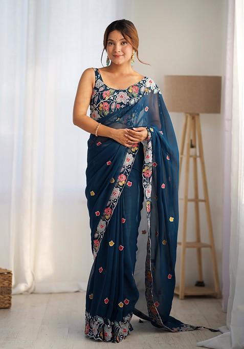 Teal Sequin Embroidered Woven Saree Set