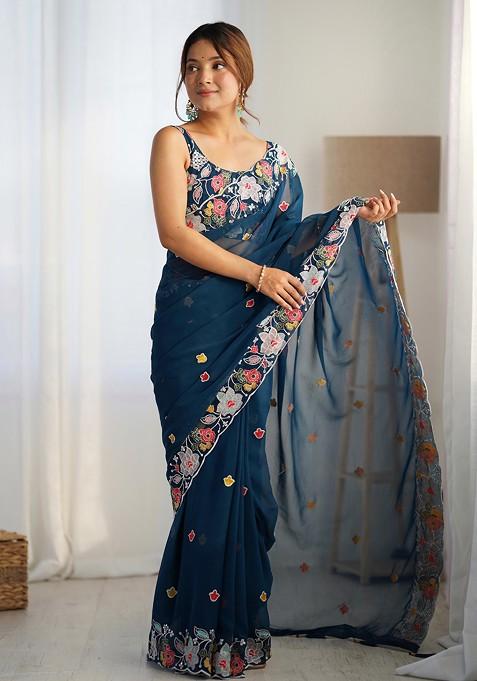 Teal Sequin Embroidered Woven Saree Set