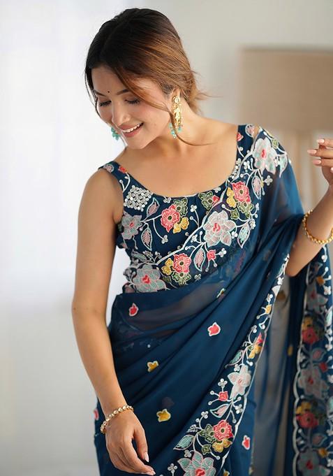 Teal Sequin Embroidered Woven Saree Set