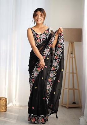 Black Sequin Embroidered Woven Saree Set