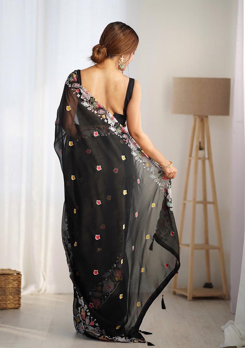 Black Sequin Embroidered Woven Saree Set