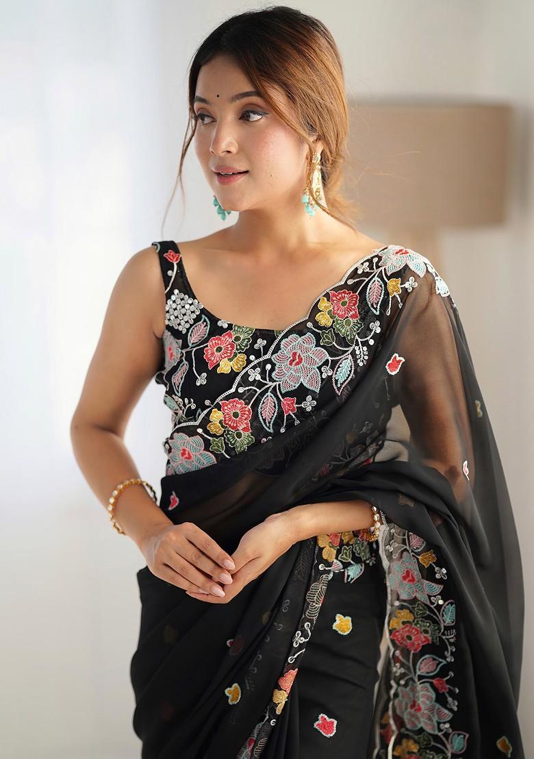 Black Sequin Embroidered Woven Saree Set