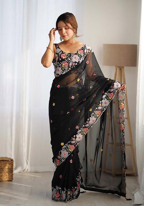 Black Sequin Embroidered Woven Saree Set