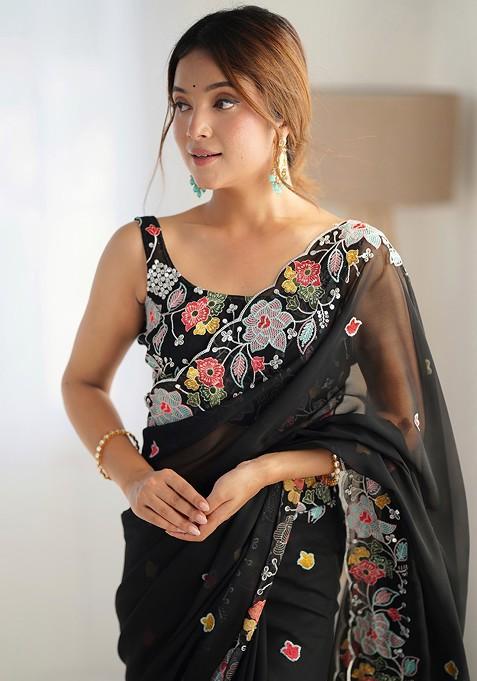 Black Sequin Embroidered Woven Saree Set