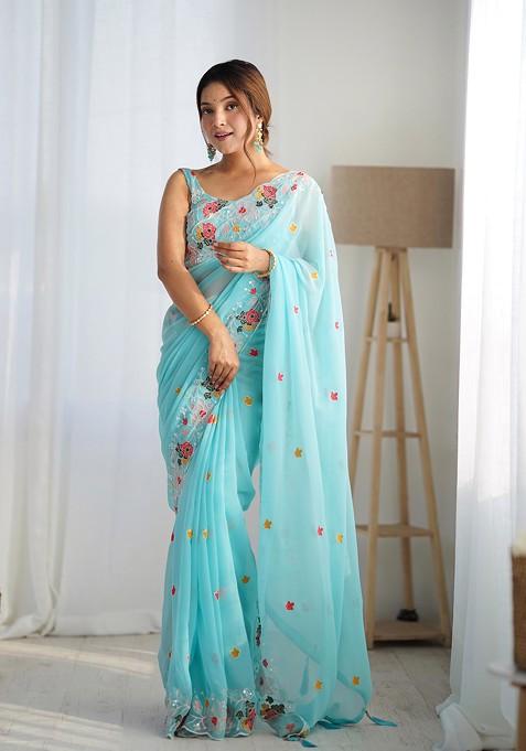 Sky Blue Sequin Embroidered Woven Saree Set